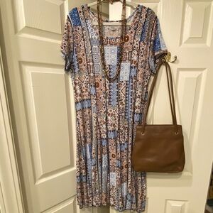 Christopher & Banks Geometric Midi Dress - Blue and Brown EUC